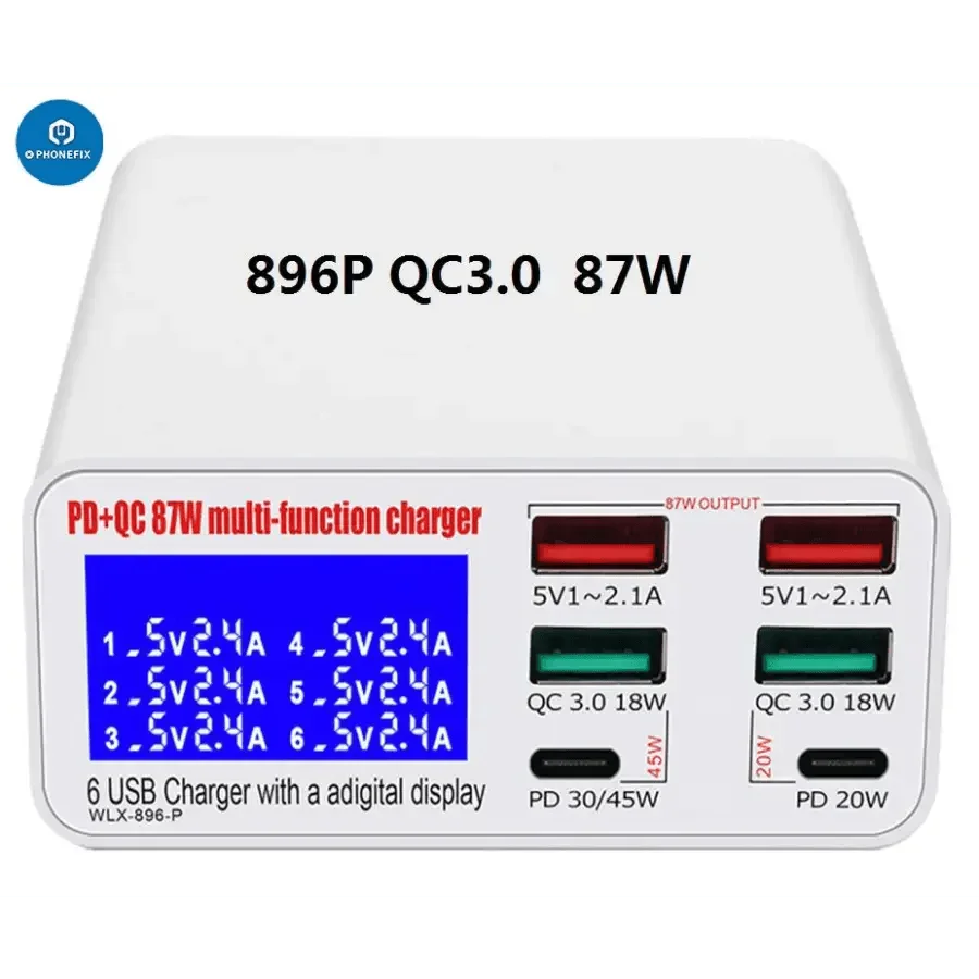 PHONEFIX 6-port USB charging station with digital display, compact phone USB charger for multiple devices, shown in the image.