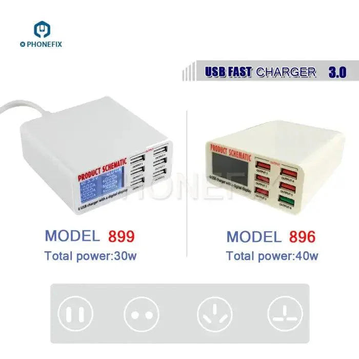 PHONEFIX 6-port USB phone charging station with digital display for fast, organized charging of multiple smartphones.