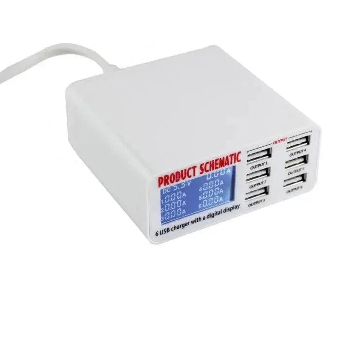 PHONEFIX 6-port USB charging station with digital display, designed for fast phone charging and device organization.