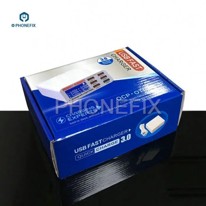 PHONEFIX 6-port USB charging station with digital display for phones, compact design, and multi-device charging capability.