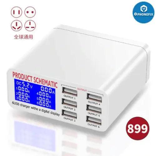 PHONEFIX 6-port USB charging station with digital display, designed for multiple phone charging and convenient power management.