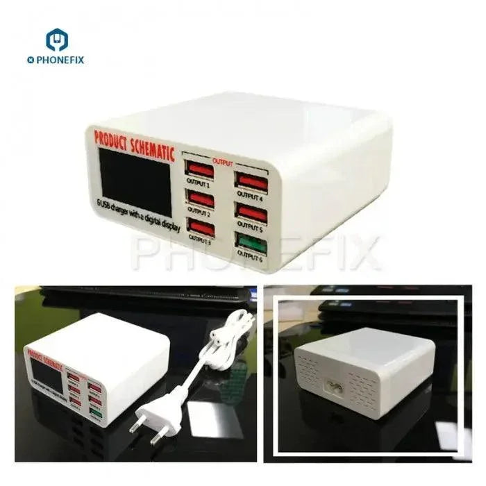 PHONEFIX 6-port USB charging station with digital display, designed for fast phone charging and organized device power management.