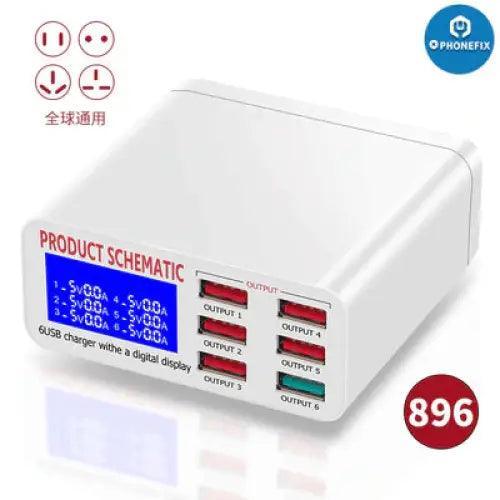 PHONEFIX 6-port USB charging station with digital display, designed for efficient phone charging and easy monitoring.