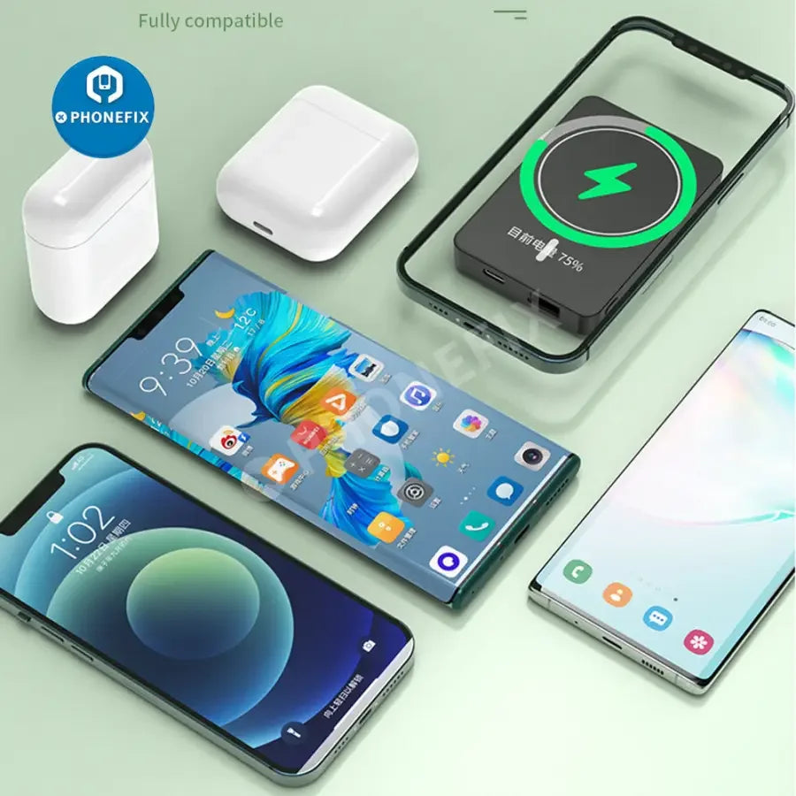 PHONEFIX magnetic wireless power bank for iPhone 12-14 series, showing the sleek Magsafe battery pack attached to an iPhone.