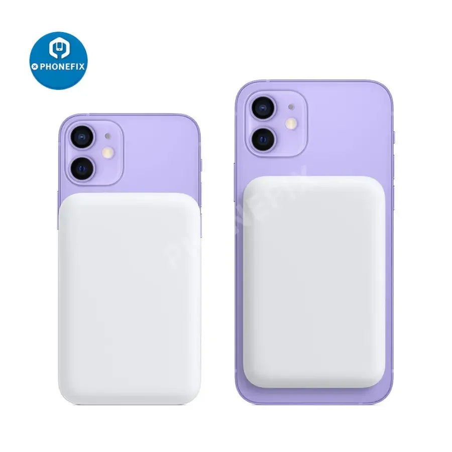 PhoneFIX magnetic wireless power bank with MagSafe for iPhone 12, 13, 14 series, showing the battery pack attached to an iPhone.
