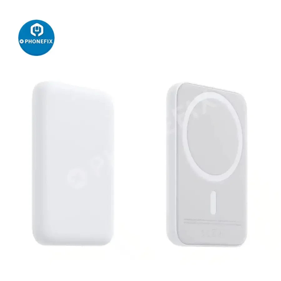 PHONEFIX magnetic wireless power bank with MagSafe for iPhone 12-14 series, showing the sleek black battery pack attached to an iPhone.