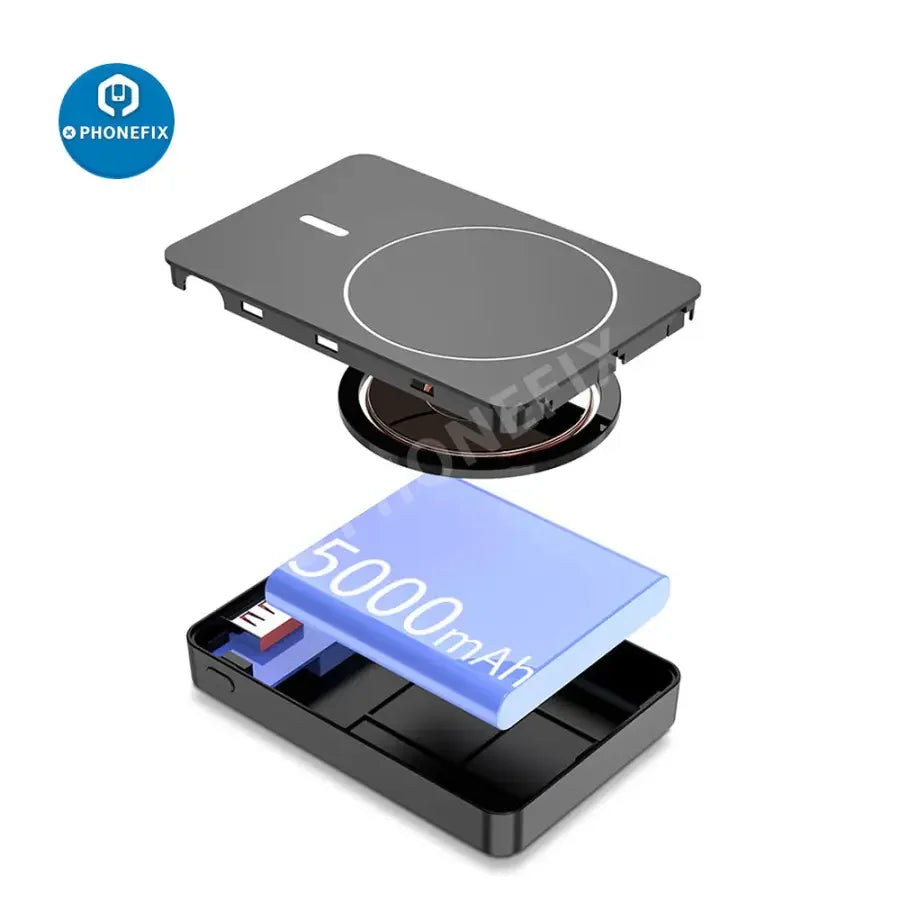 PHONEFIX magnetic wireless power bank for iPhone 12-14, showing the compact battery pack attached magnetically for wireless charging.