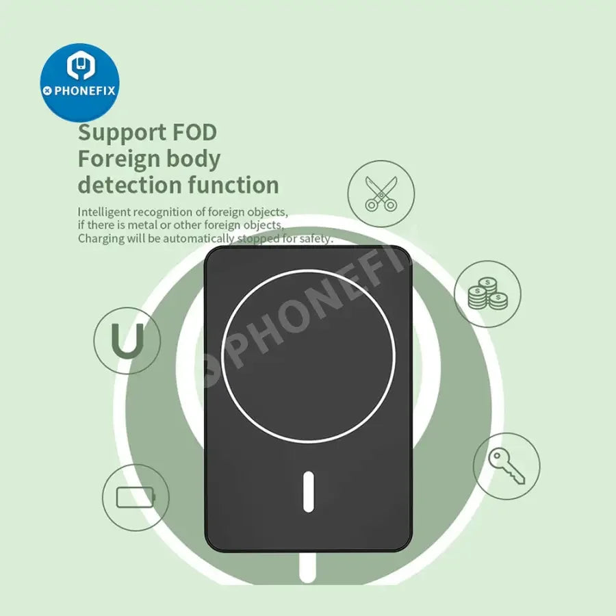 PhoneFIX magnetic wireless power bank with MagSafe for iPhone 12-14 series, showing its compact design and magnetic attachment.