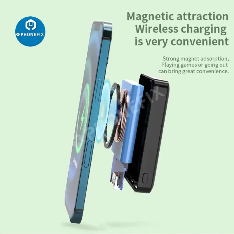 PhoneFIX magnetic wireless power bank with MagSafe for iPhone 12-14 series, attached to the back of an iPhone for charging.