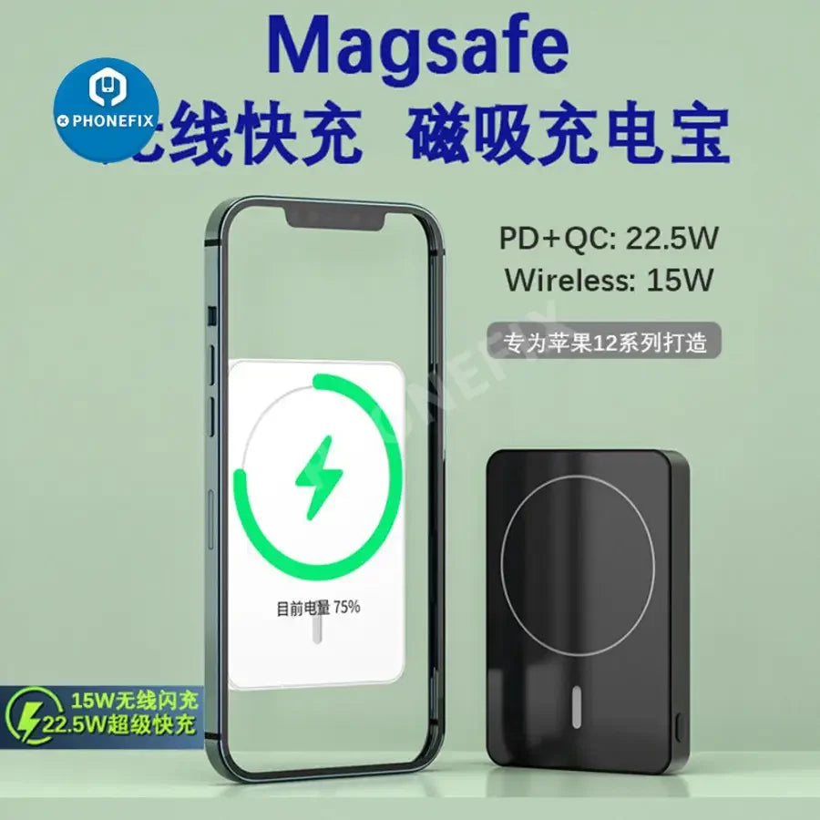 PHONEFIX magnetic wireless power bank with MagSafe for iPhone 12-14, showing the compact magnetic battery pack attached to an iPhone.