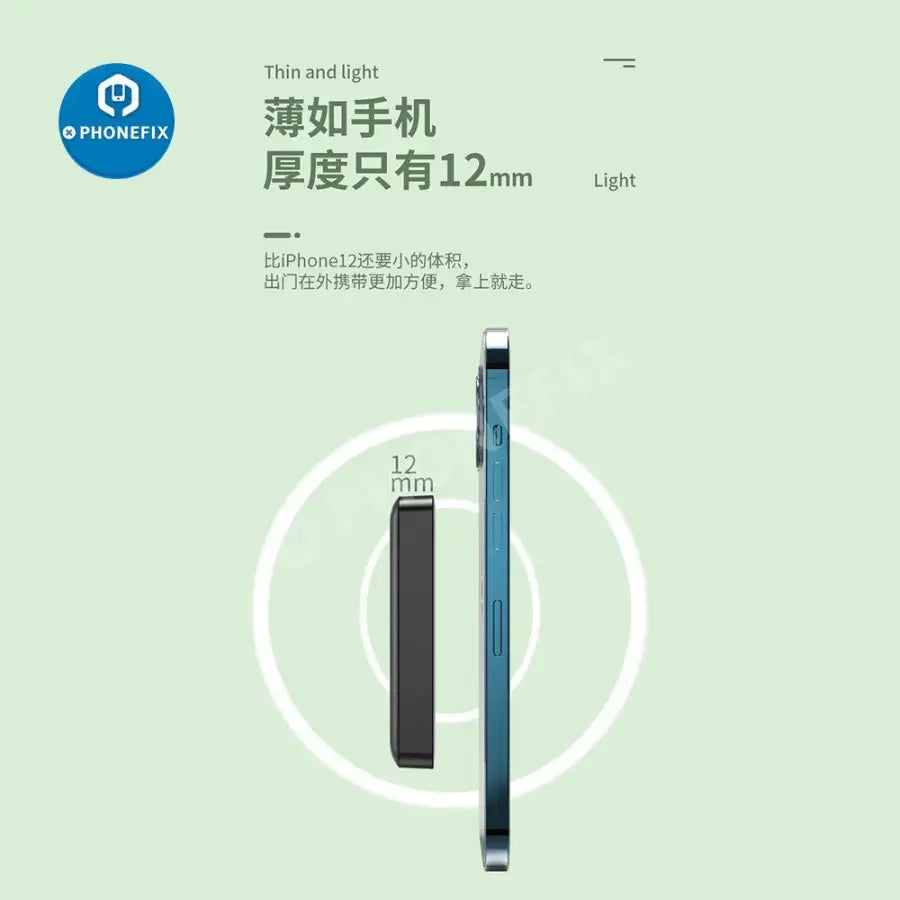 PHONEFIX magnetic wireless power bank for iPhone 12-14, with MagSafe attachment and USB charging port, designed for iPhone series.