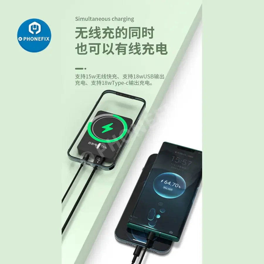 PHONEFIX magnetic wireless power bank with MagSafe for iPhone 12, 13, 14 series showing the compact charging device attached to an iPhone.