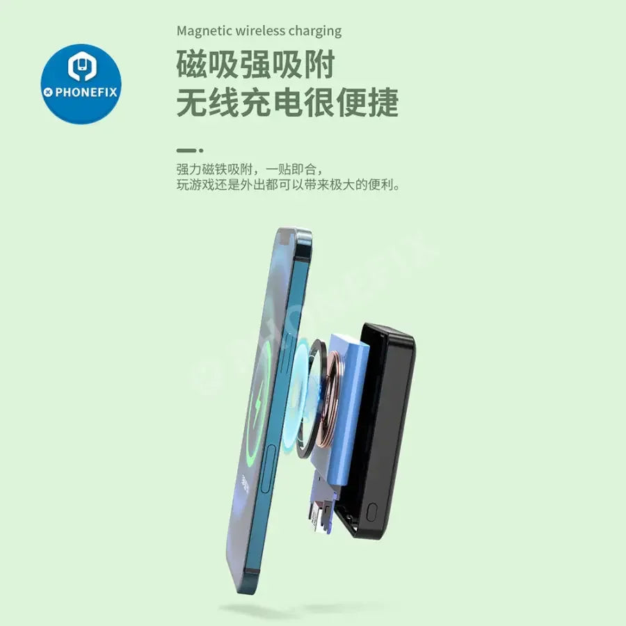 PHONEFIX magnetic wireless power bank with MagSafe for iPhone 12-14 series, showing the compact battery pack attached to an iPhone.