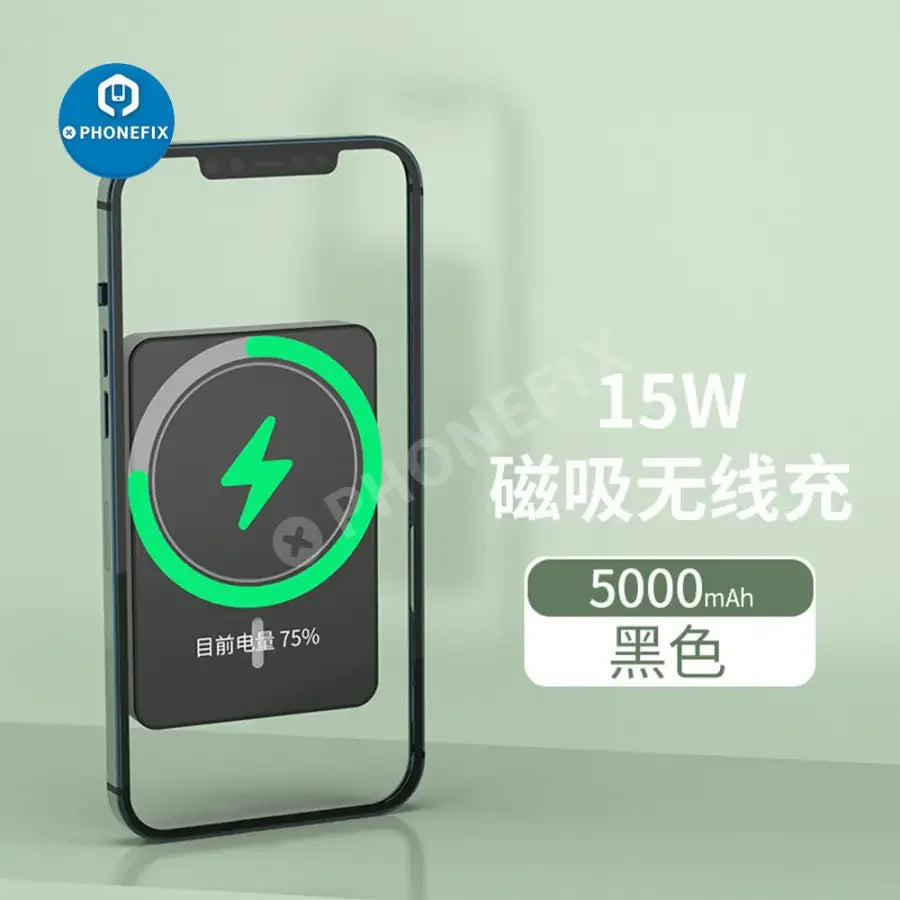 PhoneFIX magnetic wireless power bank with MagSafe compatibility, designed for iPhone 12, 13, and 14 series, for USB charging.