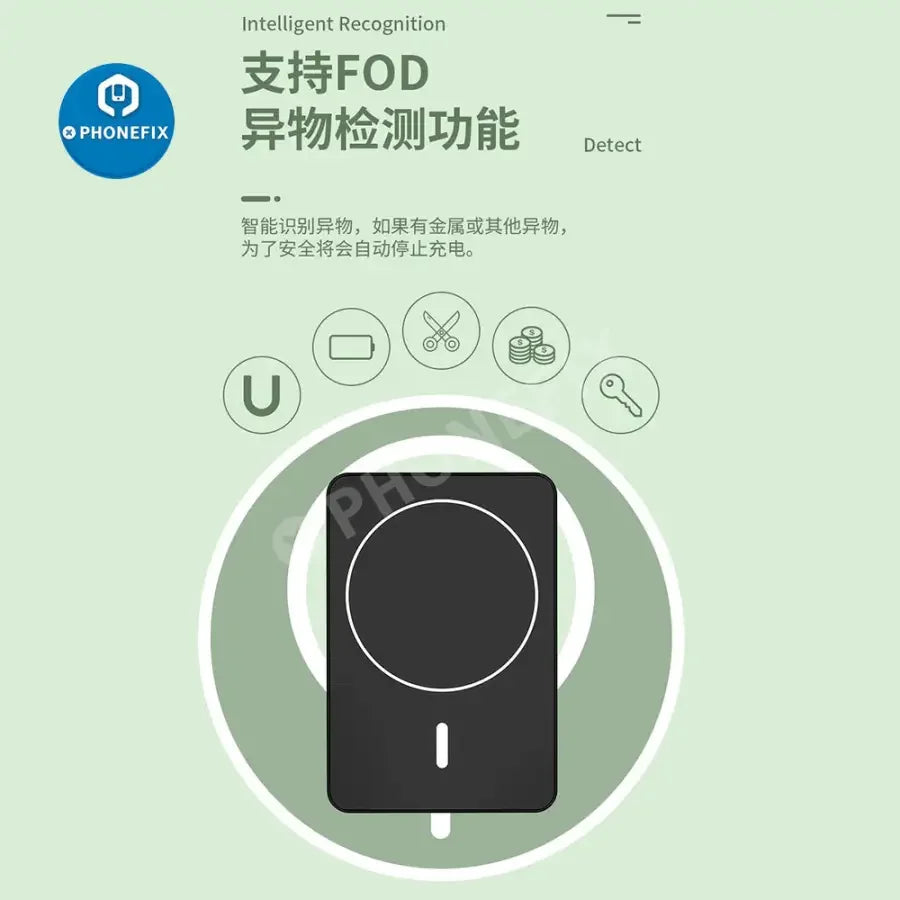 PhoneFIX magnetic wireless power bank for iPhone 12-14, showing the sleek design and magnetic attachment for MagSafe charging.