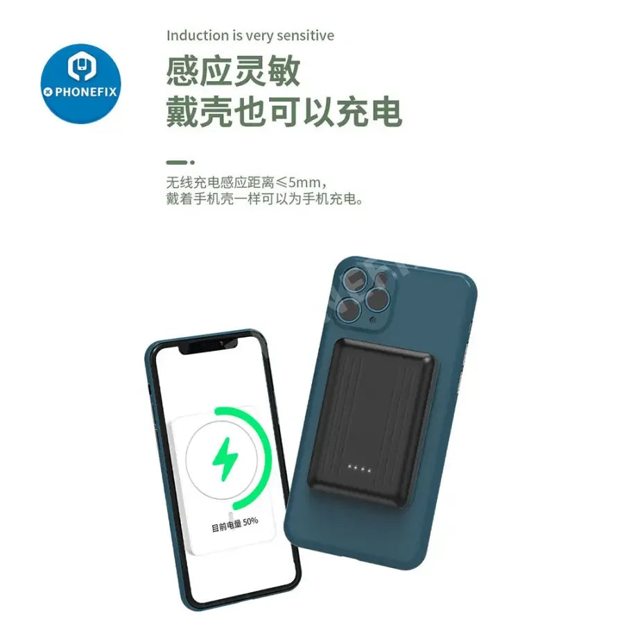 PhoneFIX magnetic wireless power bank with MagSafe for iPhone 12, 13, 14 series, showing the slim, black battery pack attached to an iPhone.