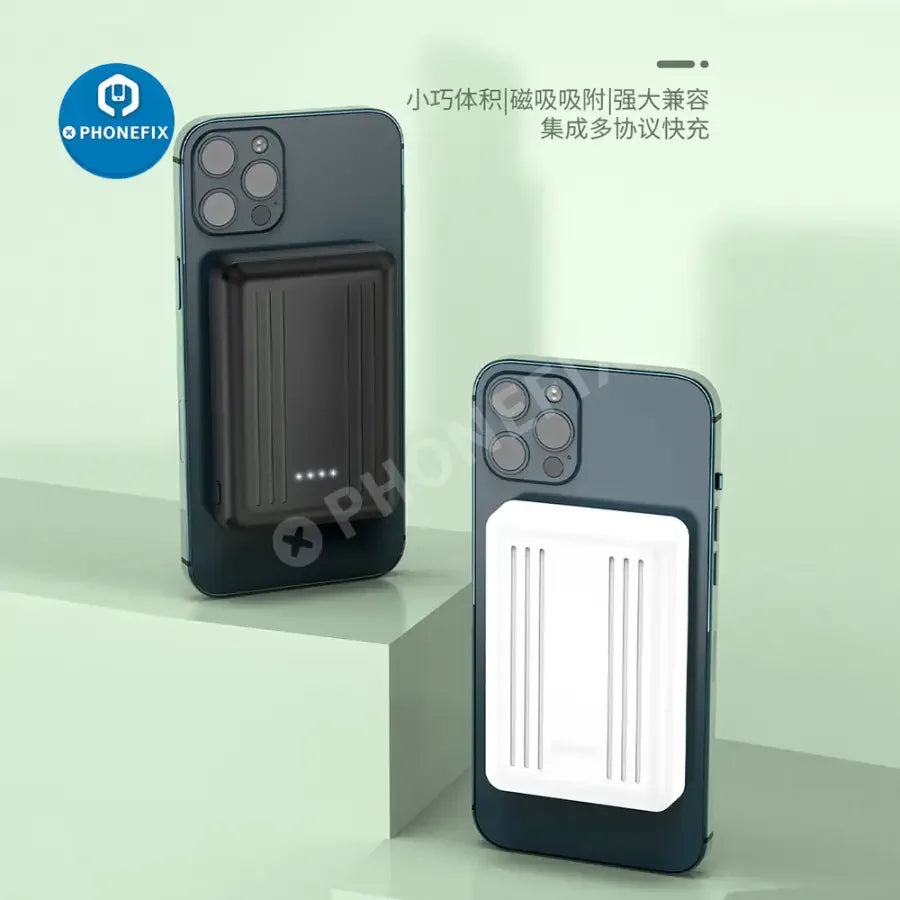 PHONEFIX magnetic wireless power bank with MagSafe for iPhone 12, 13, 14 series, showing the compact design attached to an iPhone.