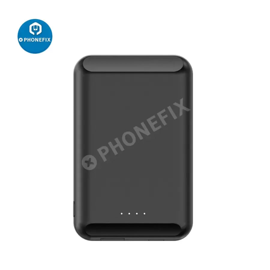 PHONEFIX magnetic wireless power bank with MagSafe for iPhone 12-14 series, showing the compact, round battery pack attached to an iPhone.