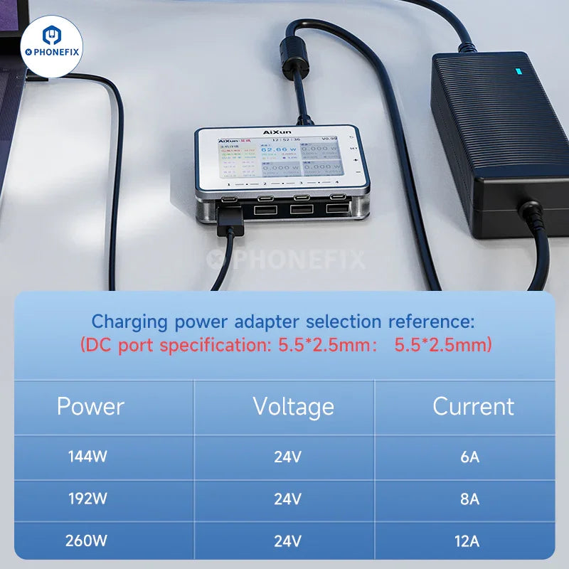 PHONEFIX AiXun PF26 smart fast charger with 8 USB ports, multi-channel phone charging station, compact and efficient design.