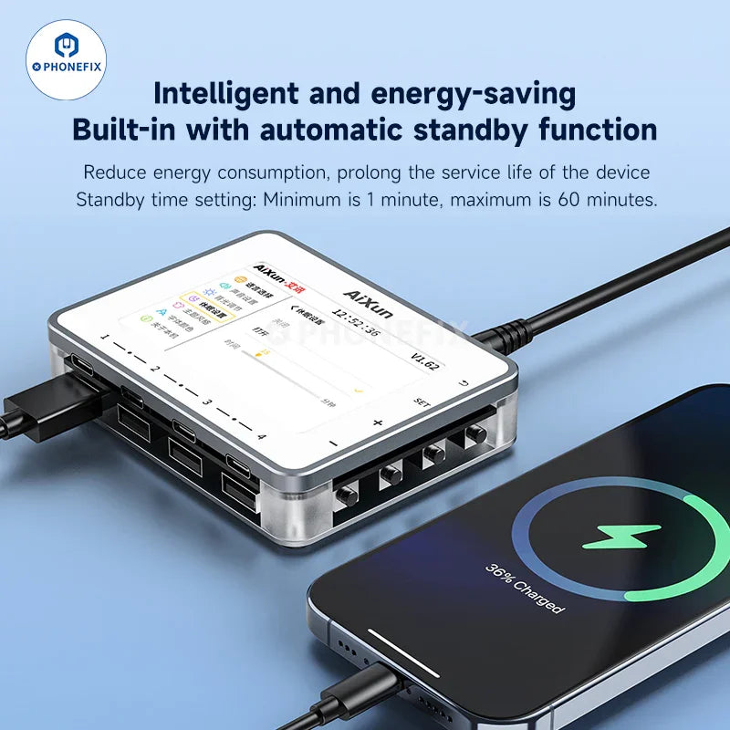 AiXun PF26 smart fast phone charger from PHONEFIX with 8 USB ports on a multi-channel charging station.