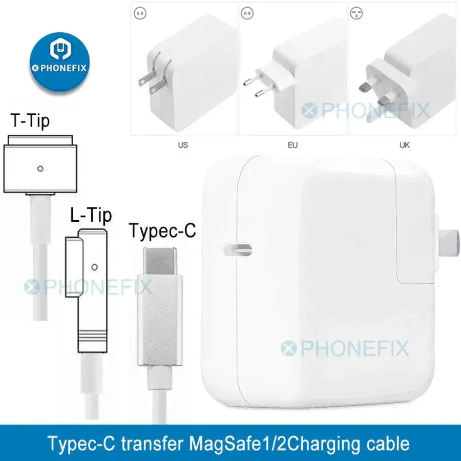 PhoneFIX 30W, 61W, 87W USB-C laptop power adapter and PD charger for MacBook, suitable for phone USB charging.