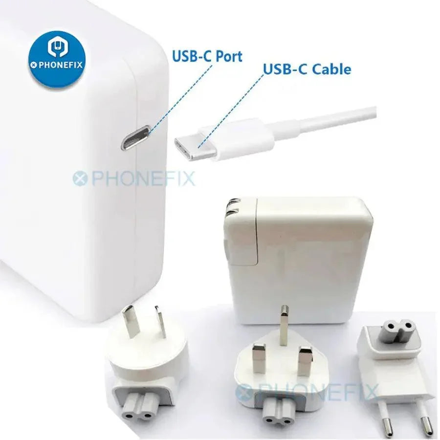 PhoneFIX USB-C laptop power adapter with 30W, 61W, or 87W output for MacBook and phone charging, compact and portable design.