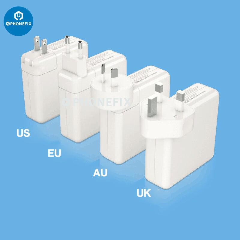 PhoneFIX USB-C laptop power adapter with 30W, 61W, and 87W PD charger for MacBook and phone charging, compact and efficient.