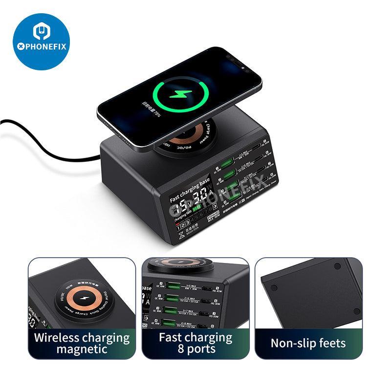 PHONEFIX multifunction digits display wireless charging desktop power supply with USB charging port for phones.