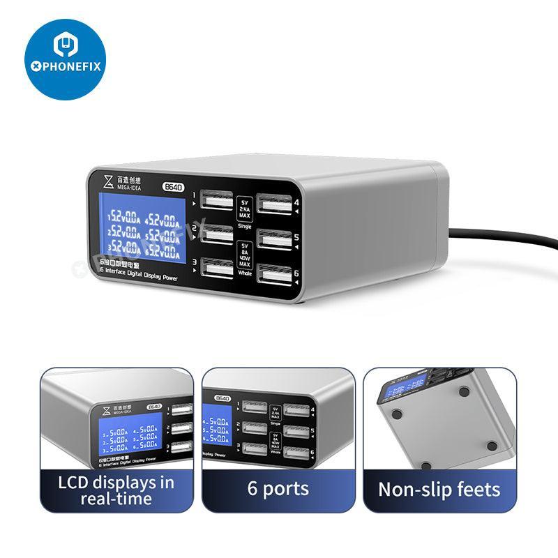 PhoneFIX multifunction digital display wireless charging desktop power supply with USB charging port for phones.