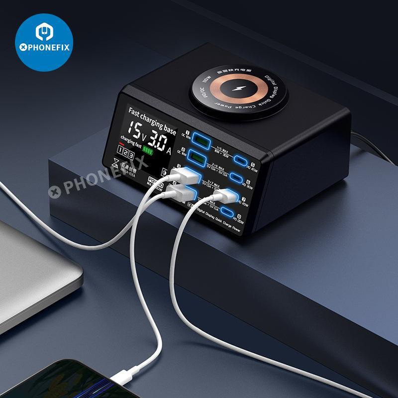 PhoneFIX multifunction digits display wireless charging desktop power supply with USB charging port for phones.
