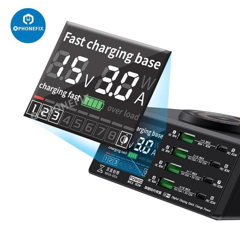 PhoneFIX multifunction digits display wireless charging desktop power supply with USB phone charging port and digital readout.