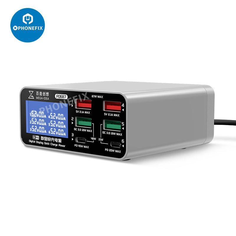 PHONEFIX multifunction digital display wireless charging desktop power supply with USB phone charging port and clear digital readout.