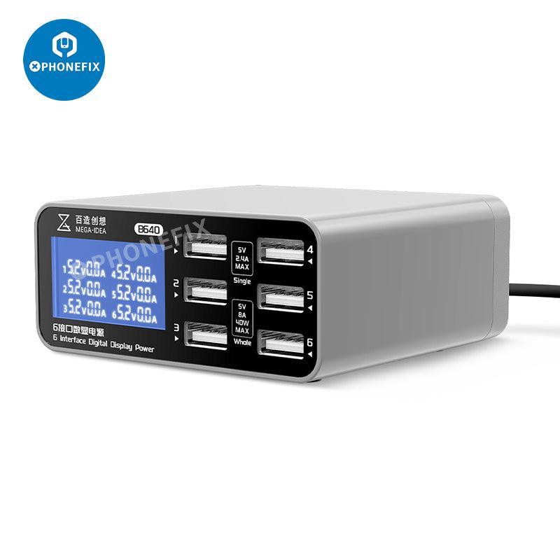 PhoneFIX multifunction digits display wireless charging desktop power supply with USB charging port and digital indicator screen.