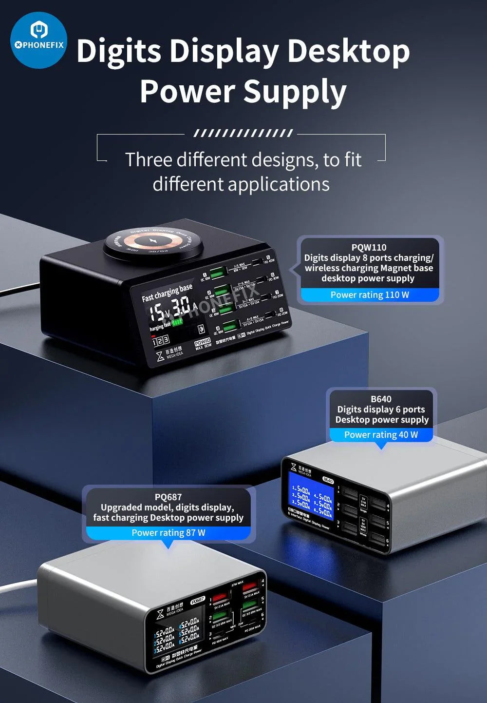 PhoneFIX multifunction digits display wireless charging desktop power supply with USB phone charging port and digital voltage indicator.