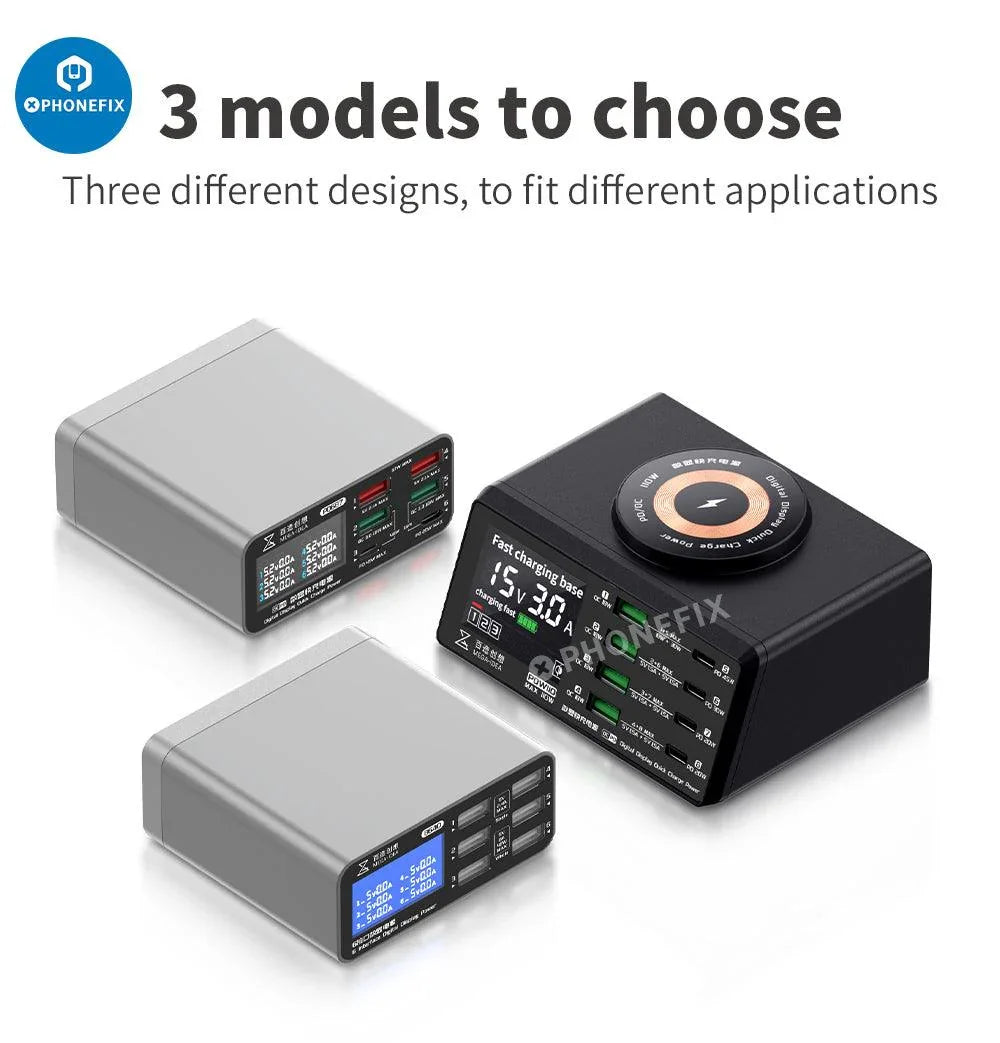PHONEFIX multifunction digits display wireless charging desktop power supply with USB phone charging port, designed for convenient device charging.