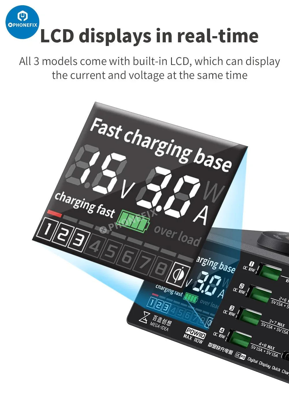 PhoneFIX multifunction USB wireless charging desktop power supply with digital display and standard charging port for phones.