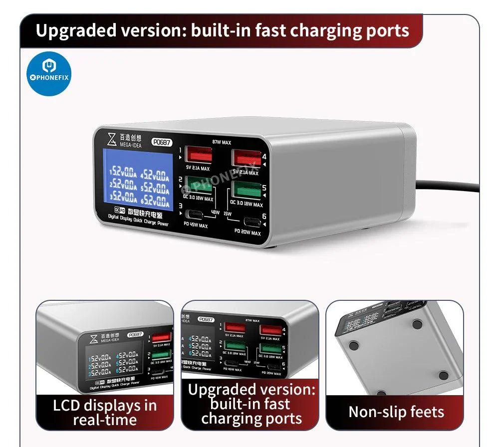 PHONEFIX wireless charging desktop power supply with digital display and USB charging port for smartphones, compact and multifunctional.