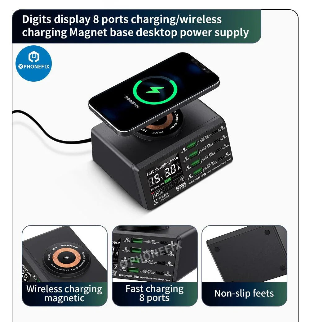 PhoneFIX multifunction wireless charging desktop power supply with digital display and USB phone charging ports.
