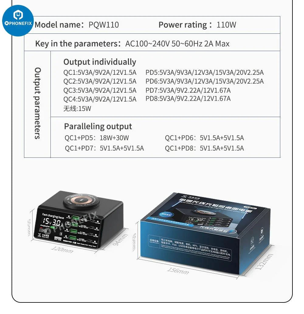 PhoneFIX multifunction digits display wireless charging desktop power supply with USB charging port and digital voltage display.