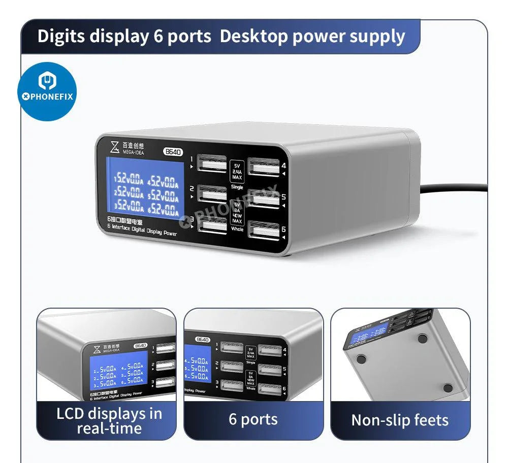PhoneFIX multifunction USB charging station with digital display and wireless charging for phones on a desktop power supply.