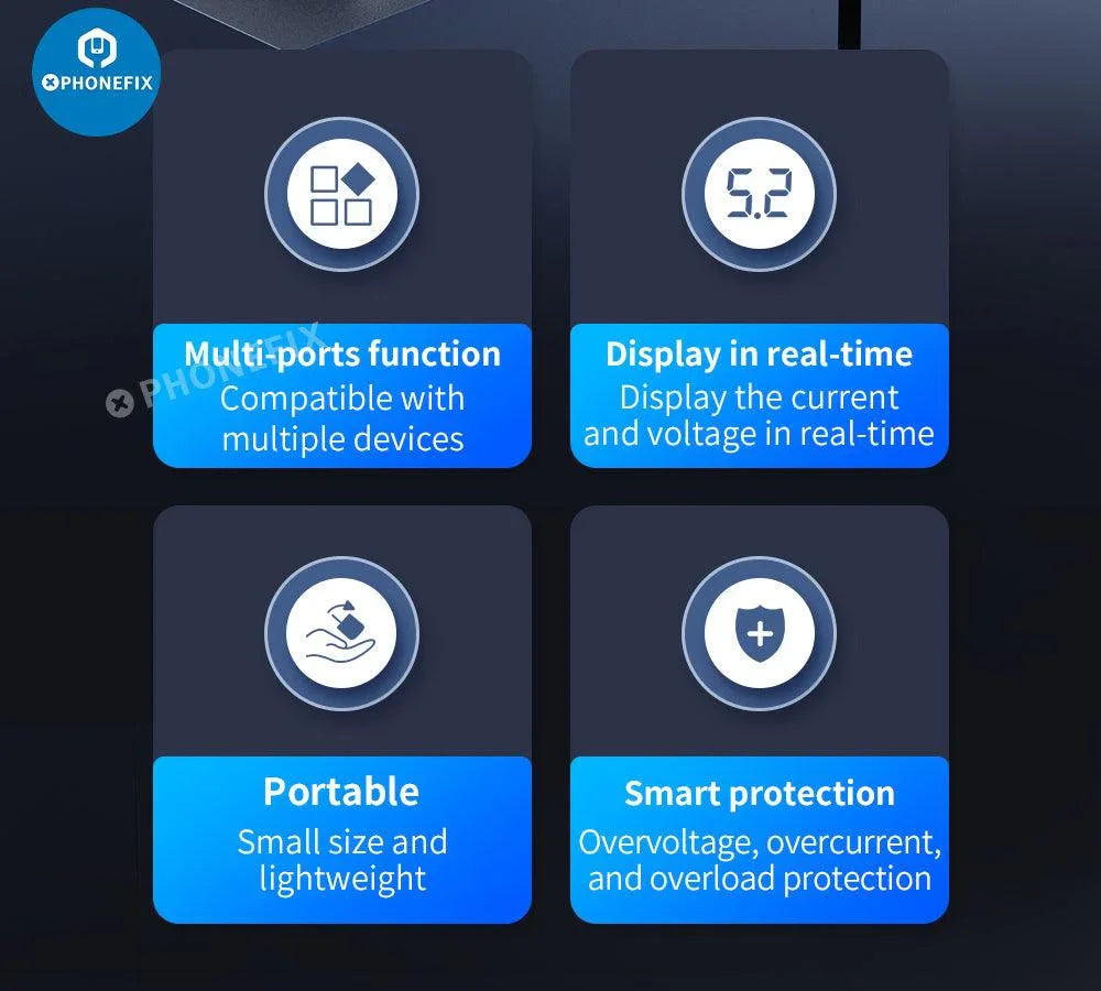 PhoneFIX multifunction digits display wireless charging desktop power supply with USB charging port and digital charge indicator.
