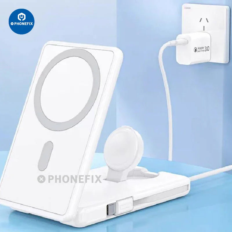 PHONEFIX 3-in-1 magnetic wireless fast charger station with portable power bank for phone USB charging, compact and versatile.