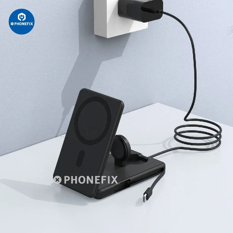 PHONEFIX 3-in-1 magnetic wireless fast charger station with portable power bank and phone USB charging capabilities.