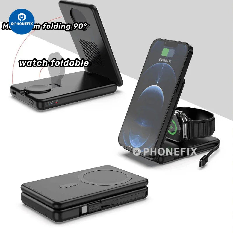 PHONEFIX 3-in-1 magnetic wireless fast charger station with USB power bank and black design, used for phone charging.