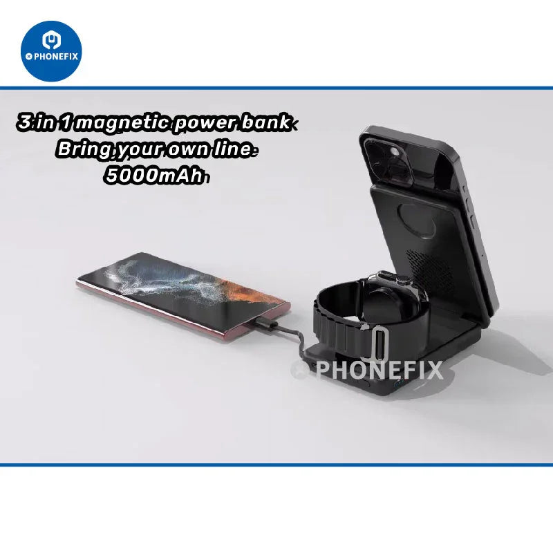 PhoneFIX 3-in-1 magnetic wireless fast charger station with USB power bank, black portable phone charging accessory.