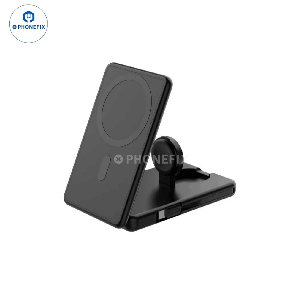 PHONEFIX 3-in-1 magnetic wireless fast charger station with portable power bank for phone USB charging, black color.