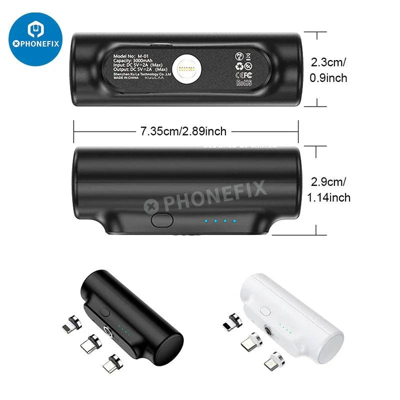 PHONEFIX 3-in-1 power bank external battery charger for mobile phones, USB charging device with multiple ports and compact design.