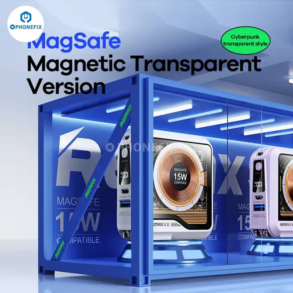 Remax magnetic wireless fast charging portable power bank for phones with USB charging, branded by PHONEFIX.