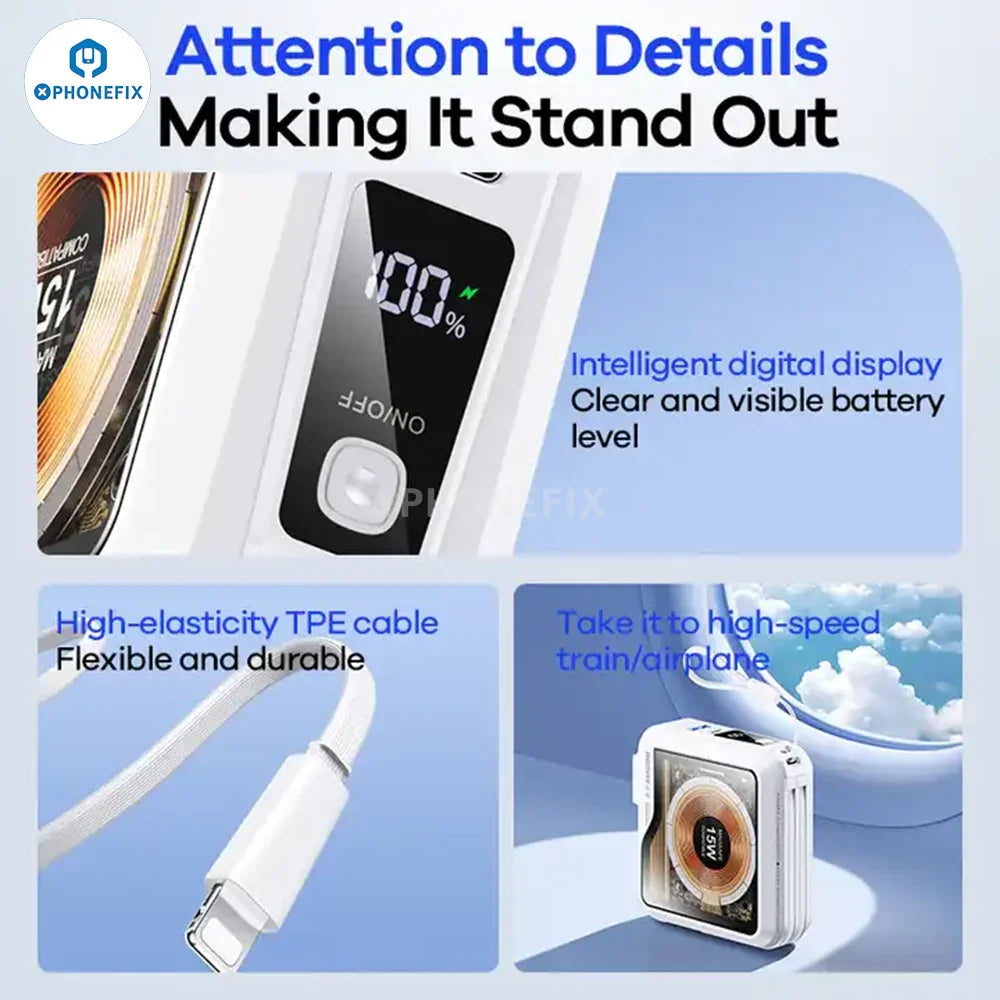 Remax magnetic wireless fast charging portable power bank for phones with USB charging port and compact design.