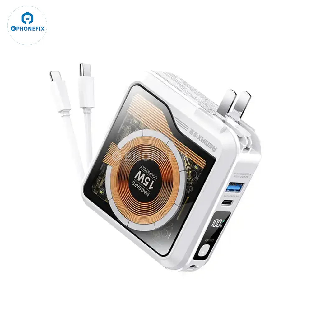 Remax magnetic wireless fast charging portable power bank for phones, with USB charging port and compact design.